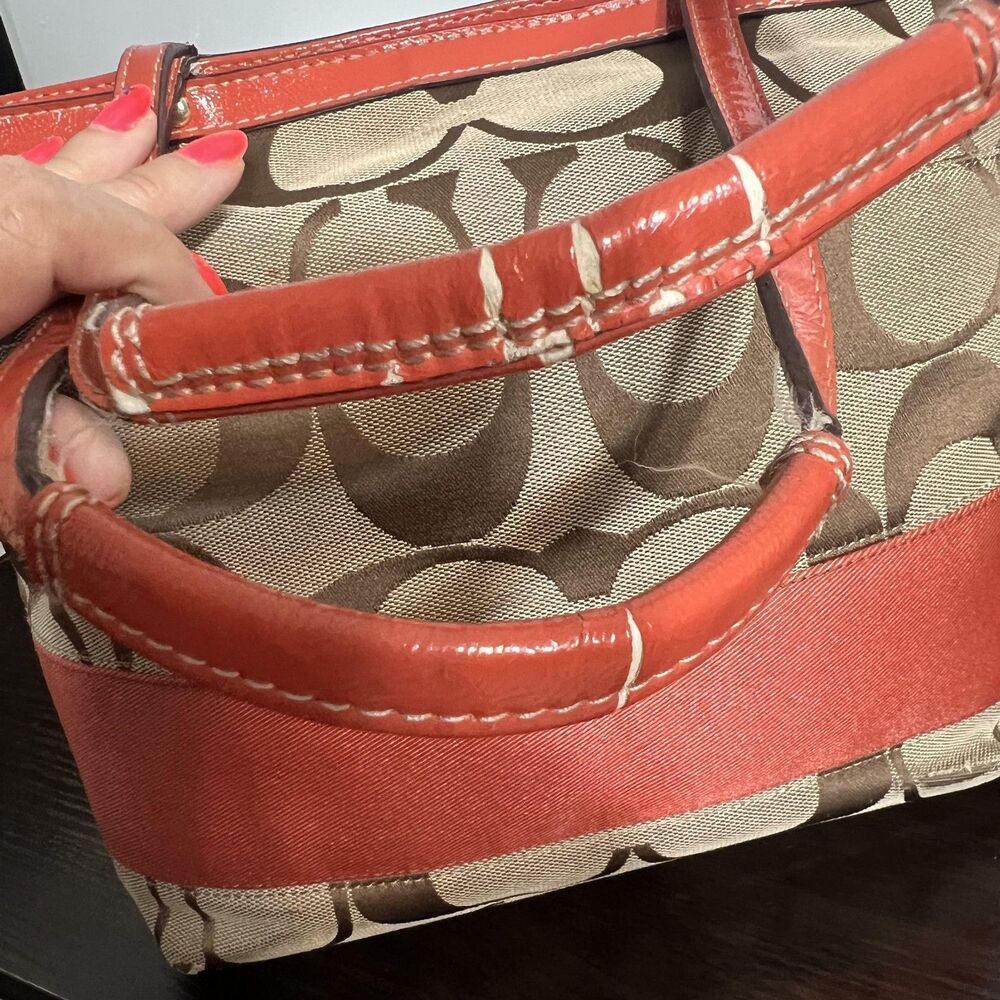 Coach Tote Bag Womens Medium Brown Signature Avary Canvas Orange Patent Trim - Picture 14 of 15